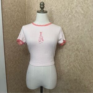 Light Pink Ballet Shoes Lace Trim Cropped Baby Tee NWT